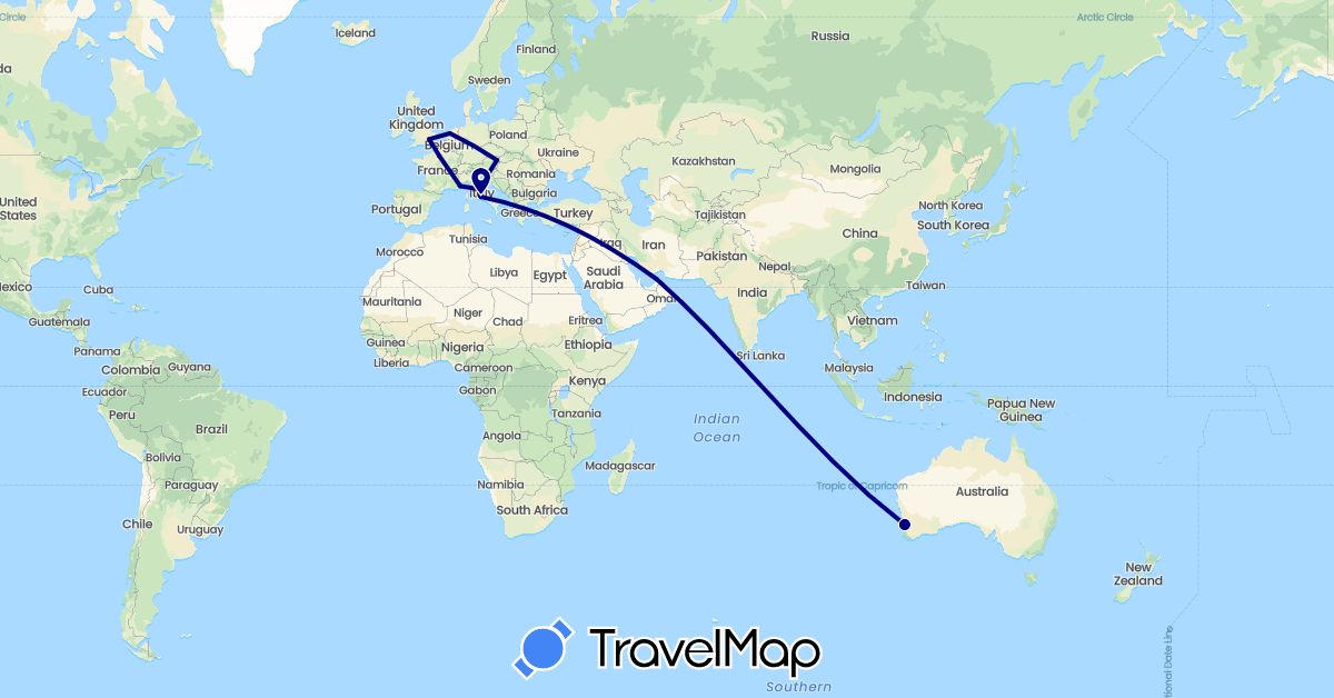 TravelMap itinerary: driving in United Arab Emirates, Austria, Australia, France, United Kingdom, Italy, Netherlands (Asia, Europe, Oceania)